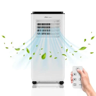 Imagen de Ufesa A7 Aire Acondicionado Portátil 3en1, Refrigeración, Ventilación y Deshumidificación, 7000 BTU/día, Silencioso, Pantalla LED, Temporizador 24h, Hasta 12m², Gas R290, Control Remoto
