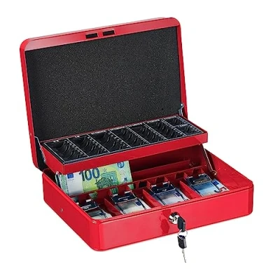 Imagen de Relaxdays Caja Dinero con Llave, Bandeja Monedas y 4 Compartimentos Billetes, Cajita Hierro, 8,5x30,5x24,5 cm, Rojo