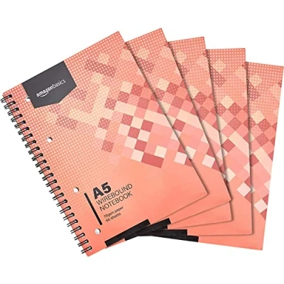 Imagen de Amazon Basics Cuaderno de anillas, 80 hojas /160 páginas, tamaño A5, 70 gsm, 160 hojas, 5 unidades, blanco