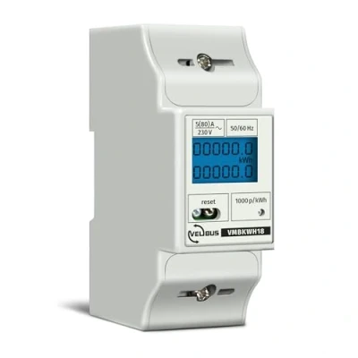 Imagen de Velleman Medidor de kWh profesional, 1 fase, para el montaje riel DIN, con contador día restable, total, pantalla LCD y LED pulso, máx. 80 A