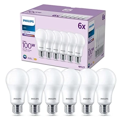 Imagen de Philips Bombilla LED A60 13W (Eq. 100W) 1521 lúmenes, casquillo E27, Luz Blanca Fría (4000k) Pack 6 Bombillas