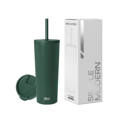 Imagen de Simple Modern Vaso Térmico con Pajita y Tapa, de Café Botella Agua Reutilizable Acero Inoxidable Taza para Viajes, Verde (Forest), 710ml