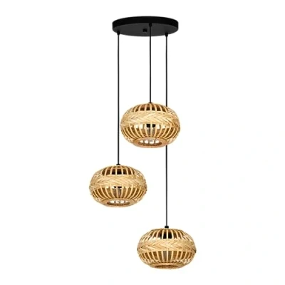 Imagen de EGLO Amsfield 1 lámpara colgante de 3 luces, sobre mesa comedor, metal negro y bambú marrón, madera con casquillo E27, diámetro 48 cm