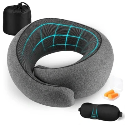 Imagen de GOLXUWO Almohada de Viaje para Cuello,Almohada Cuello Viscoelastica Espuma Memoria Cojin con Máscara Ojos Tapones y Bolsa Avión/Coche/Oficina