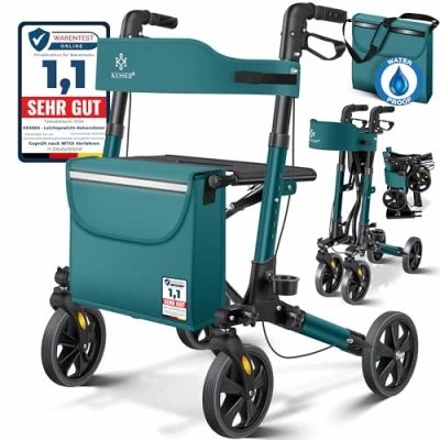 Imagen de KESSER® Andador plegable con asiento y respaldo, 4 Ruedas/Frenos/Saco de Compra Porta Bastón, Altura Ajustable 82 94cm, Andador, Carro, Rollator para Ancianos