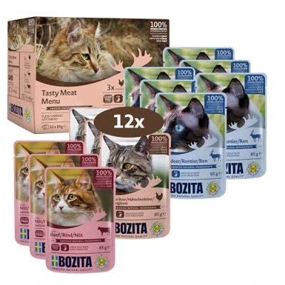 Imagen de Bozita Comida húmeda para Aperitivos en Jalea Bolsa de porciones Multibox 3 x hígado Pollo, Carne Vacuno, 6 Renos, 12 85 g, sin Cereales, Gatos