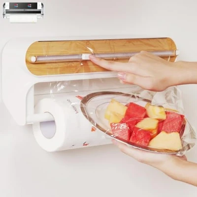 Imagen de Quasziwa Dispensador Papel Aluminio y Film con Porta Rollos de Cocina 2 en 1 Portarollos Pared, Diseño magnético fácil Instalar Ahorra Espacio, Incluye 50m, Natural