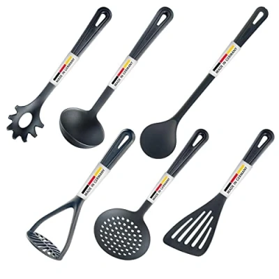 Imagen de Westmark Set de utensilios cocina, 6 piezas, Espátula, Cuchara para mezclar, Espumadera, espaguetis, Cucharón sopa, Prensa patatas, Plástico, Gentle, Negro, 283522E6