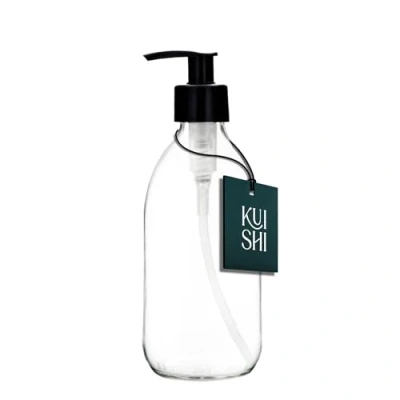 Imagen de Kuishi Clear Glass Soap Dispenser with Pump [300ml Pack of 1], Black Plastic (BPA Free), Shampoo Bottles Ideal for Handwash, Conditioner, Shower Gel