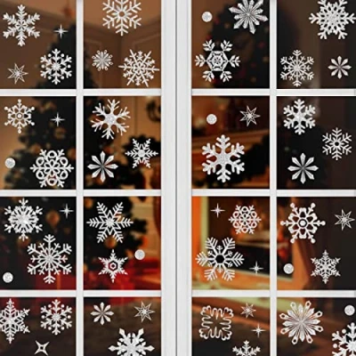 Imagen de Ponsey, 93 pegatinas de ventana Navidad, piezas copo nieve con purpurina decoraciones reutilizables para ventanas y (9 hojas)