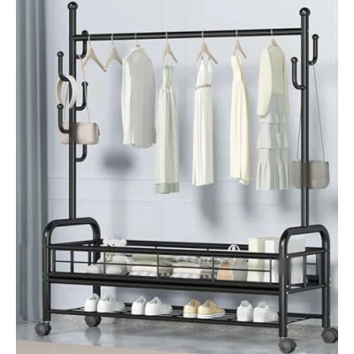 Imagen de FGHUF Perchero De Ropa con Ruedas, Percheros Burro Metálico Siete Ganchos, Multifuncional Equipado Cestas Almacenamiento Y Estantes