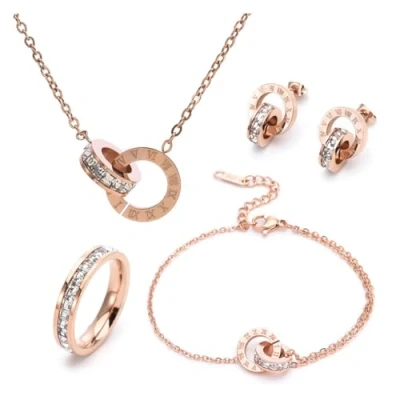 Imagen de RPAEOY Conjuntos de Joyas para Mujer y Niñas Números Romanos Circón Acero Inoxidable Chapado en Oro Plata Colgante Collar Pendientes Pulsera Anillo Fiesta Boda Nupcial Dama Honor (Oro rosa)