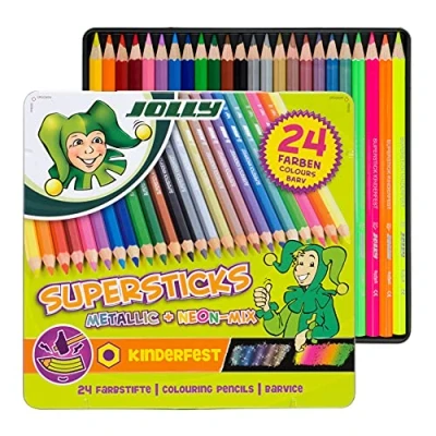 Imagen de JOLLY Superstick Kinderfest lápices de colores METALLICMIX 24 surtidos en estuche metálico, resistentes a la rotura, metálicos y neón, forma lápiz color hexagonal