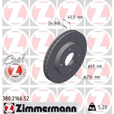 Imagen de ZIMMERMANN SPORT COAT Z 380.2166.52 Disco de freno 256 24 4/4 4 114 ventilación externa, perforado revestido altamente carbonizado MITSUBISHI: COLT 6
