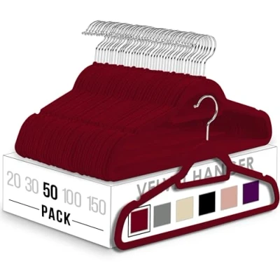 Imagen de Utopia Home Perchas de Terciopelo para Trajes con Tie Bar Antideslizantes (Paquete 50, Borgoña)