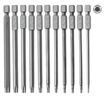 Imagen de Juego de 11 puntas destornillador Torx, 1/4 x 100 mm, magnéticas, Torx largas, T6/T7/T8/T9/T10/T15/T20/T25/T27/T30/T40 (11, mm)