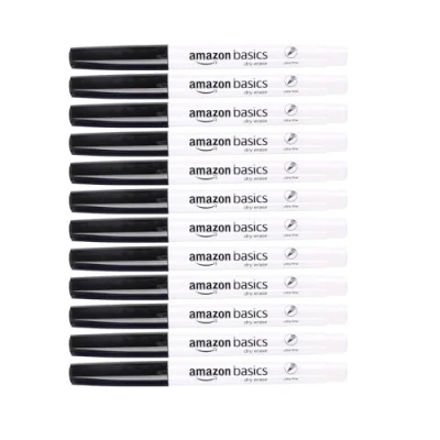 Imagen de Amazon Basics Rotuladores de punta fina y poco olor para pizarra blanca, negro, 12 unidades