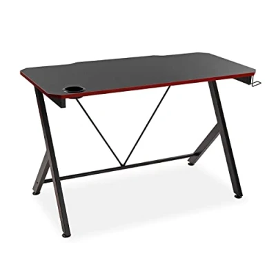 Imagen de Versa Pablo Mesa Gaming para el Ordenador, la Habitación o Estudio, Soporte Cascos y Bebida, Medidas (Al x L An) 76 60 120 cm, Madera Metal, Color Negro Rojo