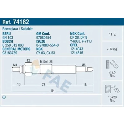Imagen de FAE 74182 Bujía de precalentamiento 11V M 10x1.25 OPEL: Corsa B Hatchback, Vectra Berlina, Combo Furgón