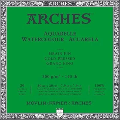 Imagen de Arches Aquarelle 100% Fino 300g Bloc Encolado 4L 20x20 20 hojas Blanco Natural
