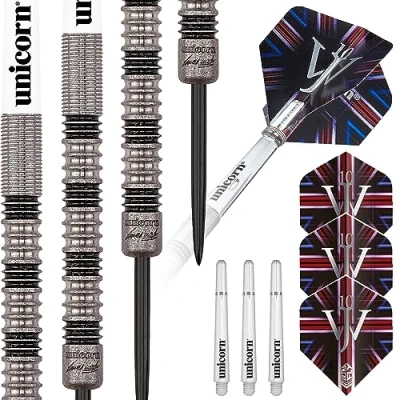 Imagen de Unicorn 90% Tung 24g Juego de Dardos James Wade, Premier, 90/70% tungsteno, Acero y Punta Suave, 18 g a 24 g, Unisex, Plata/Amarillo