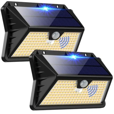 Imagen de OUILA Luz Solar Exterior, 185 LED 3 Modos Luces Solares con Sensor Jardin de Movimiento, Foco Exterior IP65 Impermeable para Jardín, Garaje, Calle, Patio, Puertas(2 Paquete Blanco Cálido)
