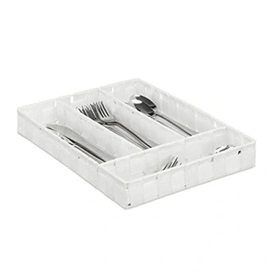 Imagen de Relaxdays Cubertero, 4 Compartimentos, Organizador Cajones, Bandeja Cubiertos, Trenzado, 1 Ud., PP, 4,5x26x36 cm, Blanco