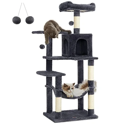 Imagen de Feandrea Rascador para Gatos, Árbol Altura 143 cm, Torre de con 4 Postes Rascadores, 2 Plataformas, 1 Cueva, Hamaca, Pompones, Tela Felpa, Multinivel, Gris Ahumado PCT161G01