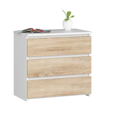 Imagen de AKORD Mesita de Noche CL 3 con cajones Sala Estar, Dormitorio, Armario, Oficina y Estudio 60 x 57 35 cm Peso 26 kg Color Blanco/Roble Sonoma