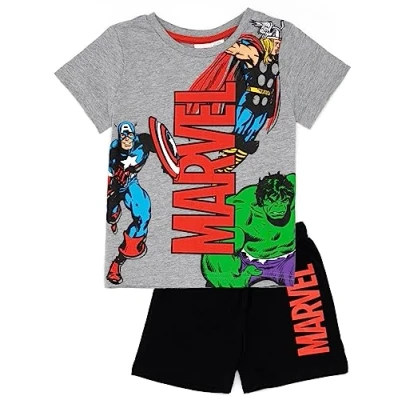Imagen de Marvel Pijama Niño Gris/Negro Thor Iron Man Hulk Capitán América Superhéroe Camiseta Shorts Cortos Pjs Set Película Cómics Personajes Mercancías Regalos