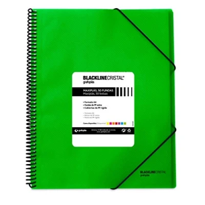 Imagen de Grafoplas 39835220 Carpeta Polipropileno con 50 Fundas, Color Verde, A4, Cierre Gomas, Maxiplás Blackline Cristal