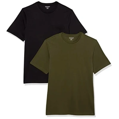 Imagen de Amazon Essentials Camiseta de Manga Corta con Bolsillo, Cuello Redondo y Corte Recto Hombre, Pack 2, Negro/Verde Oliva, S