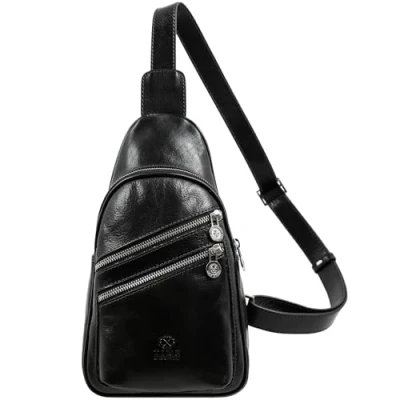 Imagen de Time Resistance Bolso Bandolera de Piel para Hombre y Mujer Tipo Mensajero con Cuero Vachetta, Hecho a Mano en Italia Ideal Llevar Todo lo que Necesitas, Color Negro
