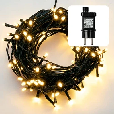 Imagen de Hellum Luces de hadas LED para exterior o interior I blanco cálido con temporizador alimentadas 80 LEDs cable en verde