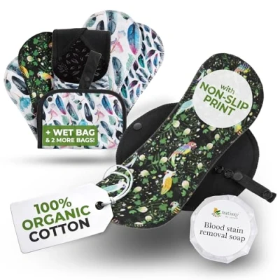 Imagen de Teens reusable menstrual pads, 6 pack; MINI; organic cotton; feathers; black wings