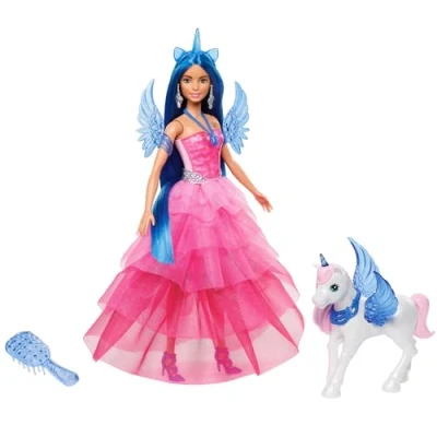 Imagen de Barbie Hadacornio Zafiro Muñeca Unicornio con alas, Cuerno y Vestido Rosa, 65 Aniversario, Serie Un Toque de Magia, Juguete +3 años (Mattel HRR16)