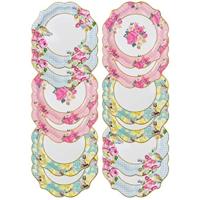 Imagen de Talking Tables Platos medio con detalles florales ‘TS4.’ Paquete de 12 3 patrones diferentes. Para una fiesta muñecas o bodas. Amarillo, Rosa y Azul.