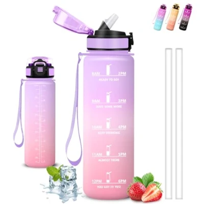 Imagen de Botella Agua 1 litro Gimnasio, A Prueba de Fugas, Cantimplora con Pajita, Fácil Limpiar, Water Bottle Escala Tiempo, para la Escuela, Fitness, Correr, Acampada, Deportes