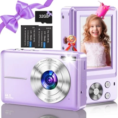 Imagen de Macchina Fotografica Digitale con Scheda 32GB, 1080P 44MP Cámara Digital Zoom 16X Flash e 2 Batterie, Fotocamera Compatta per Bambini, Adulti, Principianti (Morado)