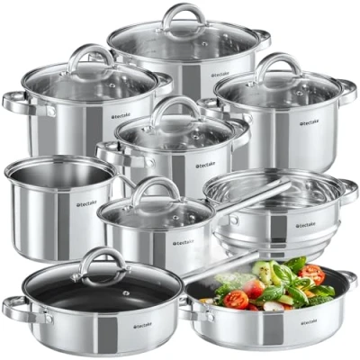 Imagen de tectake® Batería de Cocina, 15 Piezas, Juego Ollas y Sartenes con Tapas, Acero Inoxidable, Antiadherente, Apto para Inducción, Gas Eléctrico, Fácil Limpieza, Ideal Cocina Lavavajillas