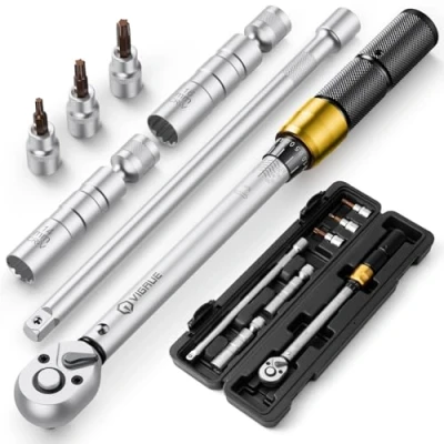 Imagen de VIGRUE llave dinamométrica para bicicleta de 3/8 pulgadas, 10 60 Nm ± 3% precisión error con barra extensión, articulación universal, casquillo bujía, puntas