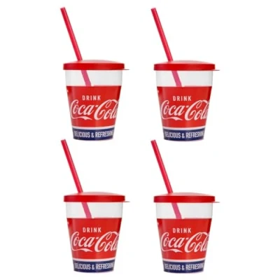 Imagen de Snips, vasos de Coca Cola con pajita 0,385 L, Juego plástico 4 piezas, y tapa Made in Italy 0% Bpa