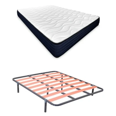 Imagen de mattfy Cama Completa con Colchón Kloe Reversible + Somier de Láminas Basic 6 Patas Abrazadera, 150 x 190