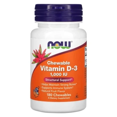 Imagen de Now Foods VITAMIN D 3 1000 IU Vitamina (Colecalciferol) Apoya la salud ósea y el sistema inmunológico 180 tabletas masticables