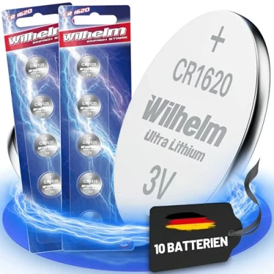 Imagen de Wilhelm Pilas de botón litio CR1620 CR 1620 (10 unidades, 3 V, 70 mAh, diámetro 16 x 2,0 mm, DL1620, 6620)