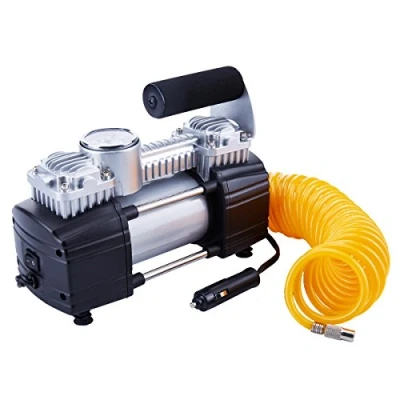 Imagen de Inflador de neumáticos 12 V TIREWELL, bomba metal accionamiento directo doble cilindro para trabajo pesado, compresor aire con clip batería y manguera extendida 5 m
