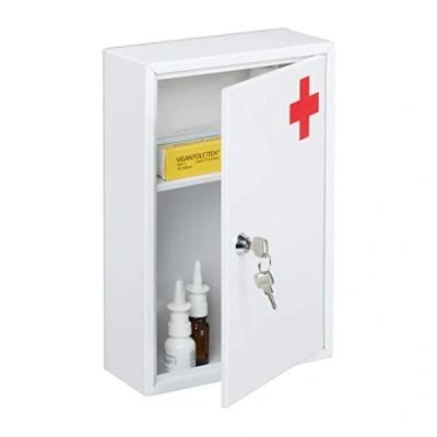Imagen de Relaxdays Armario Botiquín, Cerradura, Vacío, 2 Compartimentos, Mueble Medicinas Pared, 32 x 21,5 8 cm, Blanco y Rojo, Hierro