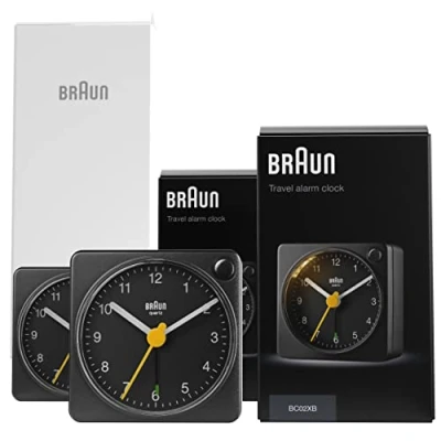 Imagen de Braun Classic Reloj Despertador Analógico de Viaje con Posposición e Iluminación, Tamaño Compacto, Movimiento Cuarzo Silencioso, Negro, Modelo BC0X2B (2 Pack).