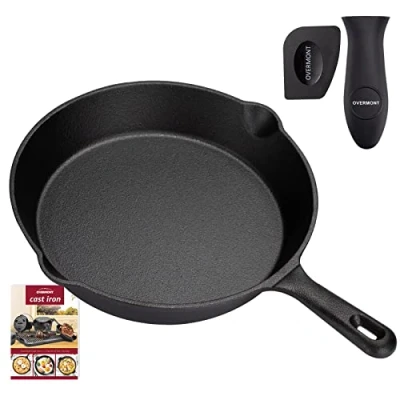 Imagen de Overmont Pre sazonado Sartén Ollas de Hierro Fundido para Freír, Utensilios Cocina Seguros Estufa, Barbacoa, Fogata, diámetro 24 cm, Negro