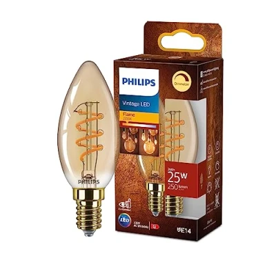 Imagen de Philips Bombilla LED Vintage Ámbar Tipo vela, Casquillo E14 3W, 250 Lúmens, Luz Efecto llama 2200k